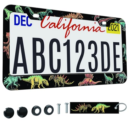 1pcs Colorful Dinosaurs License Plate Frame for Women,Cartoon Cool Colorful Animal car Decorative tag Frames Girly, Funny Dinosaur License Plate Cover Holder for Vehicle with car Keychain tag - color: for Colorful Dinosaurs, size: 1pcs