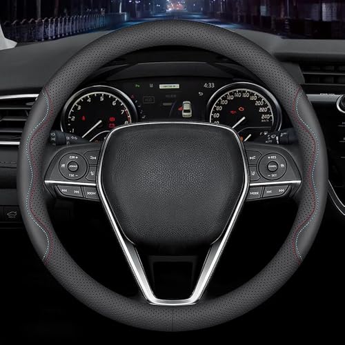 LKWLIKEI Nappa Premium Leather car Steering Wheel Cover, Non-Slip, Breathable, Universal 15 inches,Black and red Blue line - color: Black-B