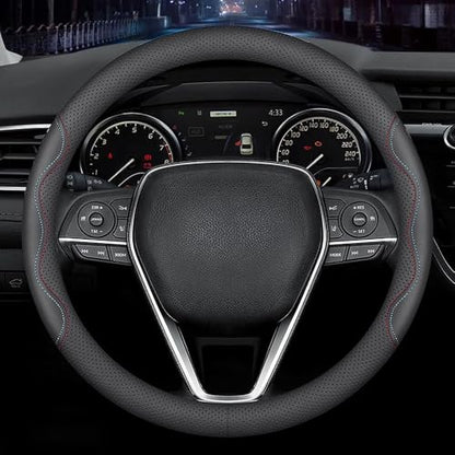 LKWLIKEI Nappa Premium Leather car Steering Wheel Cover, Non-Slip, Breathable, Universal 15 inches,Black and red Blue line - color: Black-B