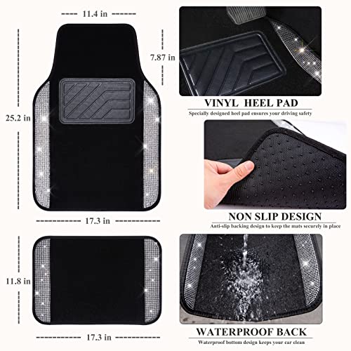 CAR PASS Bling Diamond Car Floor Mats, Shining Rhinestone Carpet Sparkly Glitter Crystal with Anti-Slip PVC Heel Pad Waterproof Universal Fit Automotive SUV,Sedan,Van,Cute Girl Women,4pcs Black Sliver - color: Silver Diamond