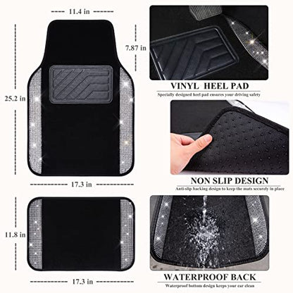 CAR PASS Bling Diamond Car Floor Mats, Shining Rhinestone Carpet Sparkly Glitter Crystal with Anti-Slip PVC Heel Pad Waterproof Universal Fit Automotive SUV,Sedan,Van,Cute Girl Women,4pcs Black Sliver - color: Silver Diamond