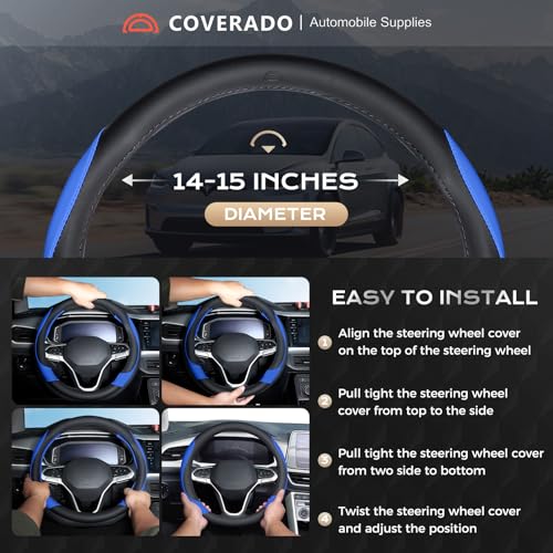 Coverado Car Steering Wheel Cover, Nappa Leather Black & Blue Steering Wheel Covers for Women, Universal 14-15 inch, Anti-Slip, Breathable Steering Wheel Protector - color: B-BlackBlue
