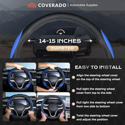 Coverado Car Steering Wheel Cover, Nappa Leather Black & Blue Steering Wheel Covers for Women, Universal 14-15 inch, Anti-Slip, Breathable Steering Wheel Protector - color: B-BlackBlue