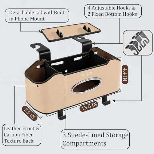 Mu&Ti Back Seat Car Organizer,4+2 in 1 Multifunctional Car Back Seat Storage Box with 2 Cup Holders, Tissue Box and Hook - Ideal for Kids and Travel(Beige) - style: Car Storage Box（beige）