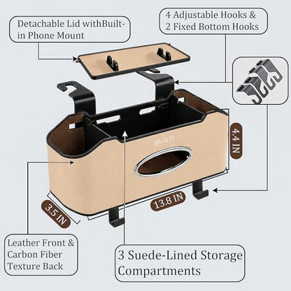 Mu&Ti Back Seat Car Organizer,4+2 in 1 Multifunctional Car Back Seat Storage Box with 2 Cup Holders, Tissue Box and Hook - Ideal for Kids and Travel(Beige) - style: Car Storage Box（beige）