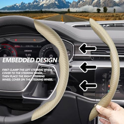 2pcs (Khaki) Universal Fit Carbon Fiber Steering Wheel Cover, Anti-Skid Steering Wheel Cover/Segmented Steering Wheel Protector/Car Interior Accessories - color: Khaki