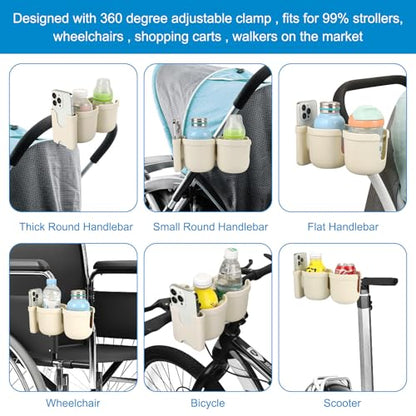 Accmor Stroller Cup Holder with Phone Holder, Bike Cup Holder, Universal Cup Holder for Uppababy Nuna Doona Strollers, 2-in-1 Cup Holder for Walker, Wheelchair, Scooter - color: Double Holder-All Off White