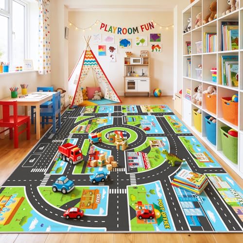 Kids Area Rugs for Playroom Non-Silp Carpet 7x9Ft Washable Rug for Childs, City Road, Building, Landmark Playmat for Kids Bedroom Playroom