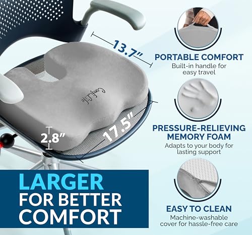 ComfiLife Gel Enhanced Seat Cushion – Office Chair Cushion – Non-Slip Gel & Memory Foam Coccyx Cushion for Tailbone Pain - Desk Chair Car Seat Cushions Driving - Sciatica & Back Pain Relief (Gray) - color: Gray, size: Large