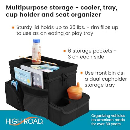 High Road CarHop Car Caddy Organizer with Road Trip Cooler, Car Cup Holder Bin, Sturdy Snack and Play Lid and 6 Organization and Storage Pockets, Black - color: Black