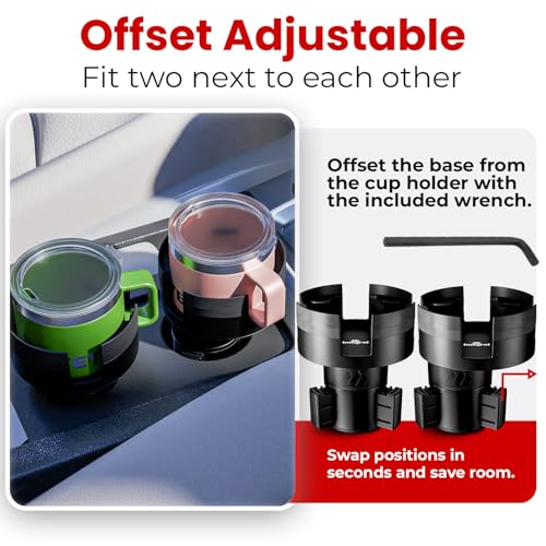 Integral Expandable Mug Holder - YETI 14oz Rambler Cup Holder - Car Cup Holder Expander with Adjustable Base - Rubber Tabs Hold Most Coffee Mugs Ramblers 10oz