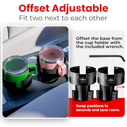 Integral Expandable Mug Holder - YETI 14oz Rambler Cup Holder - Car Cup Holder Expander with Adjustable Base - Rubber Tabs Hold Most Coffee Mugs Ramblers 10oz