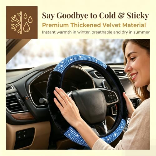 Bling Steering Wheel Cover for Women Girls, Blue Rhinestone Diamond Sparkling Fur Fluffy Steering Wheel Accessories Elastic Steering Wheel Covers Winter Warm Universal Fit 14-15 inches - color: Dark Blue
