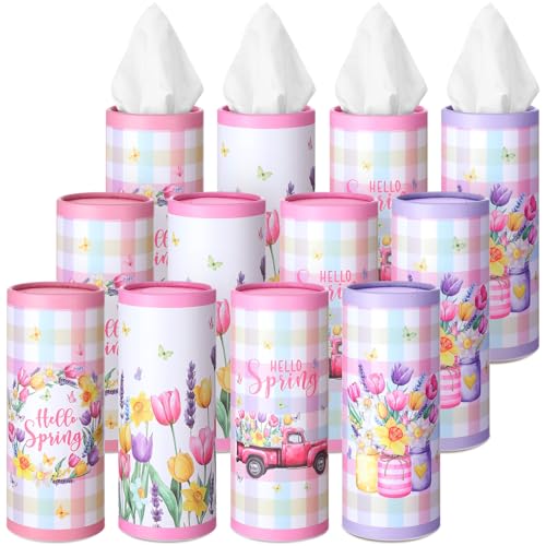 12 Pack Hello Spring Car Tissue Cylinder Holder Bulk with 3 Ply Facial Tissues Flower Round Napkin Holders for Cup Holder Cylinder Floral Mason Jar Travel Paper Tubes Bulk Napkin Boxes Packs - style: Hello Spring