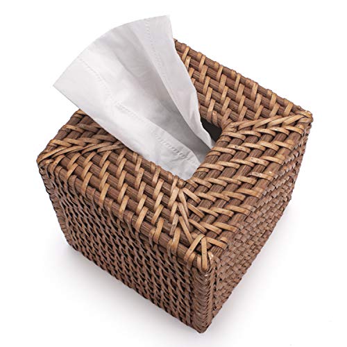 Rattan Tissue Box Cover Natural Woven Facial Napkin Holder Square (Honey Brown, 5.5x5.5x5.9 Inch) - color: Honey Brown