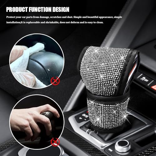 Bling Auto Gear Shift Knob Cover, Car Shifter Cover, Sparkly Crystal Rhinestones Gear Shift Knob Cover for Women Girls, PU Leather Shift Gear Cover with Bling Accessories Fit Cars (White) - color: White