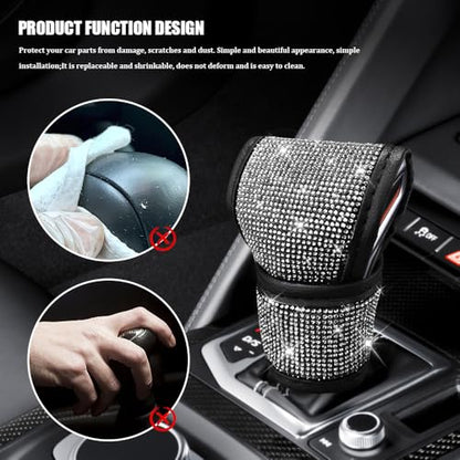 Bling Auto Gear Shift Knob Cover, Car Shifter Cover, Sparkly Crystal Rhinestones Gear Shift Knob Cover for Women Girls, PU Leather Shift Gear Cover with Bling Accessories Fit Cars (White) - color: White