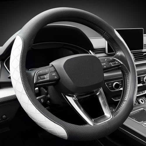 Nappa Leather Steering Wheel Cover, Elegant Diamond Checkered Design, Non-Slip wear-Resistant, Enhance Driving Comfort, Suitable for Steering Wheel Diameter 14 1/2‘-15’ Models.Black White - color: Black White