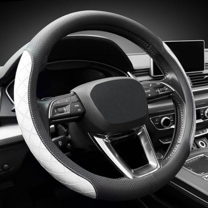Nappa Leather Steering Wheel Cover, Elegant Diamond Checkered Design, Non-Slip wear-Resistant, Enhance Driving Comfort, Suitable for Steering Wheel Diameter 14 1/2‘-15’ Models.Black White - color: Black White