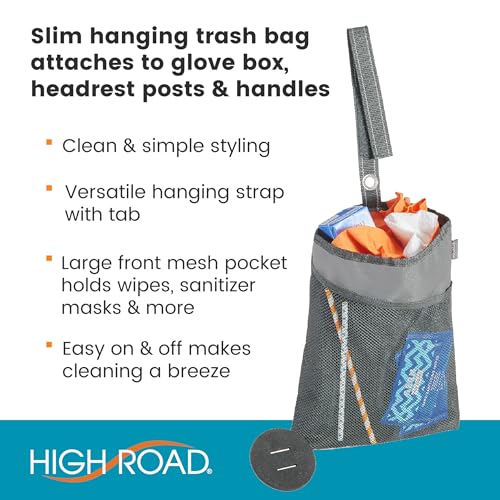 High Road TrimTrash Hanging Car Garbage Bag - Slim and Leakproof Car Trash Bag with Magnetic Closure and Storage Pocket - Attaches to Seat, Glovebox or Console - color: Gray