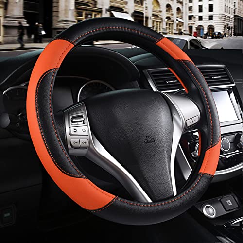 Leather Car Steering Wheel Cover, Non-Slip Car Wheel Cover Protector Breathable Microfiber Leather Universal Fit for Most Cars (Orange-2) - color: Orange-2