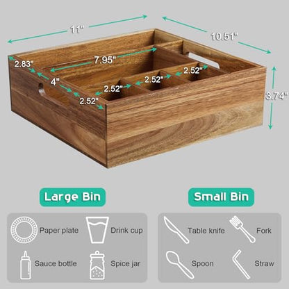 ALELION Acacia Wood Utensil Holder for Party - Paper Plate Organizer for Countertop - Silverware Caddy with 6 Compartments for Plate, Cup, Fork, Spoon - Cutlery Holder for Kitchen Camping Buffet - style: Acacia Wood