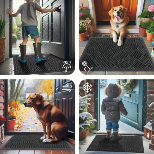 Smiry Front Door Mat Outside Entrance, Heavy Duty Outdoor Indoor Natural Rubber Doormat, Non Slip, Trap Dirt and Moisture, Easy Clean, Low Profile Patio Porch Entryway Mat, 47x32, Black