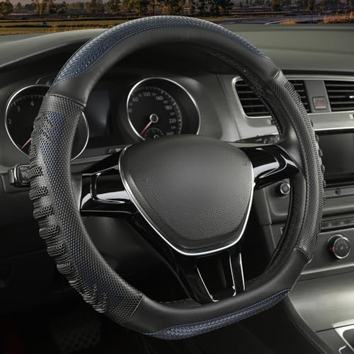 D Shaped Steering Wheel Cover Great Grip with 3D Honeycomb Hole, Anti-Slip Sporty Design, Universal 15 inch(Black with Blue) - color: Black with Blue, size: D Shaped-Middle[14.5''-15'']