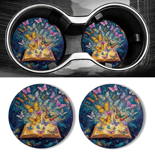 WOCOCN Car Coasters for Cup Holders - 2 Pack 2.75" Universal Rubber Car Cup Coaster, Non-Slip Waterproof Car Interior Accessories, Cute Car Decor Gifts for Women and Men (Butterfly Book) - color: Butterfly Book