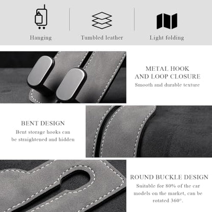 2 PCS Car Seat Headrest Hook, Back Seat Hanger with Double Flexible Leather Hooks, Soft Leather Double Headrest Metal Hooks Purse Handbag Organizer, Car Accessories (Black)