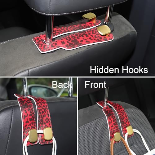 Purse and Bag Hook for Car, Zinc Alloy Seat Headrest Hooks, Upgraded Leather Car Seat Back Purses Hanger and Bags Holder (Red Leopard) - color: Red Leopard