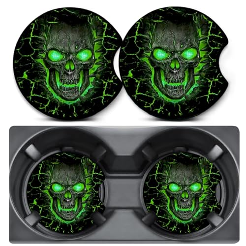 2 Pack Car Coasters for Cup Holders,Green Skull Skeleton Car Cup Holder Coasters,2.75" Universal Size Anti Slip Rubber Mat,Automotive Interior Accessories,Car Cup Holder Decor,Gifts for Women Men Mom - color: Skull - Green