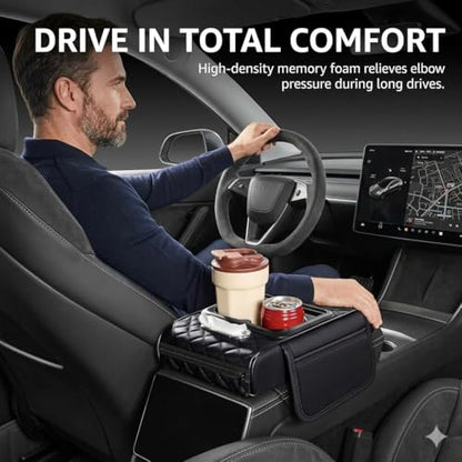 5-in-1 Universal Car Center Console Cover with Cup Holder, Upgrade Armrest Cushion for Car with Side Storage, PVC Leather Armrest Cover Pad with Phone Slot & Tissue Holder, Black - color: Black