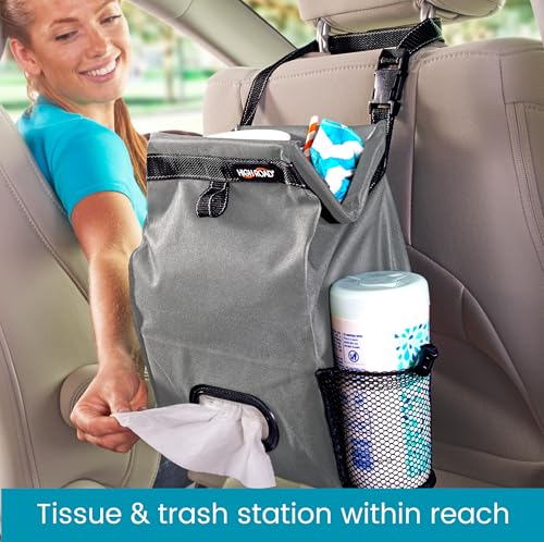 High Road Car Organizer with Car Trash Bin and Tissue Holder - Holds Full Size Tissue Box, Bottles and Wipe Containers - 2 Gal Leakproof Covered Trash Can with Push-Close Lid - color: Gray