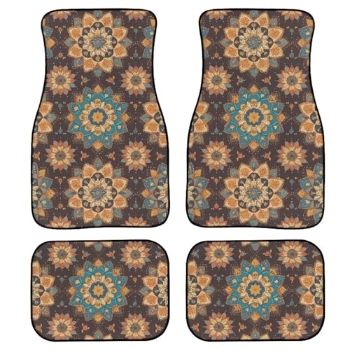 Mandala Car Rubber Floor Mat 4PCS Retro Ethnic Tribe Mandala Graphic Front and Rear Mats Rubbers Non Slip Floor Mats Heel Pad Gradient Lotus Flower Fit for SUV Van Truck - color: Retro Mandala Flower