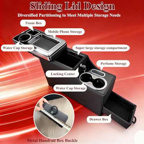 Center Console Between Seats for Trucks, SUVs, Minivans, Middle Van – 20.86"L x 7.06"W x 13.77"H – Floor/Bench Mount Large Storage Box with Locking & Sliding Lid, Dual Cup Holders, Armrest ,No Drill - size: 18 Wheelers Locking Design with Sliding Lid Desi