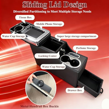 Center Console Between Seats for Trucks, SUVs, Minivans, Middle Van – 20.86"L x 7.06"W x 13.77"H – Floor/Bench Mount Large Storage Box with Locking & Sliding Lid, Dual Cup Holders, Armrest ,No Drill - size: 18 Wheelers Locking Design with Sliding Lid Desi