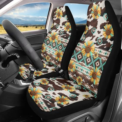 Howilath Aztec Tribal Sunflower Car Seat Cover Set of 2 Interior Accessories Washable Anti-Slip Auto Front Bucket Seat Covers All Seasons Use - color: Aztec Tribal Sunflower