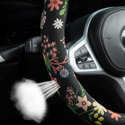 Black Cat Flower Steering Wheel Cover Auto Jacquard Steering Wheel Protector, Anti-Slip, Breathable, Absorbing Sweat, Universal Cat Car Accessories 14.5–15 inch,Fit for Most Car, Trucks, SUV - style: Black Cat Flower JQ