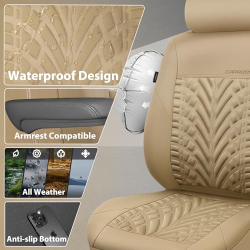 CAR PASS Neoprene Waterproof Seat Covers Full Sets, Wetsuit Car Seat Covers 5 Seats Universal Fit for Vans, Truck, SUV, 3D Tyre Embossed Seat Covers Anti Slip with Armrests, Aibag Compatible All Beige - color: all Beige Neoprene, size: Full sets