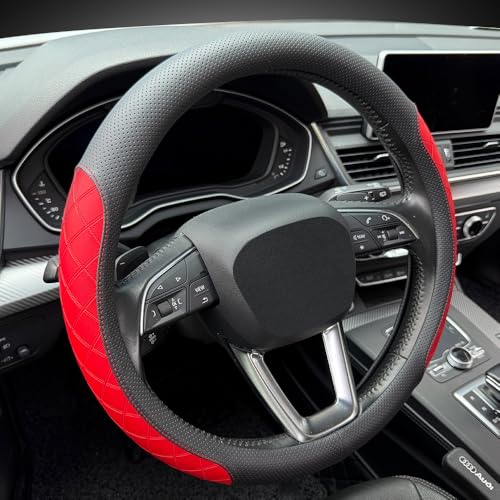 LKWLIKEI Nappa Leather Steering Wheel Cover, Elegant Diamond Checkered Design, Non-Slip wear-Resistant, Enhance Driving Comfort, Suitable for Steering Wheel Diameter 14 1/2‘-15’ Models .Black Red - color: Black Red
