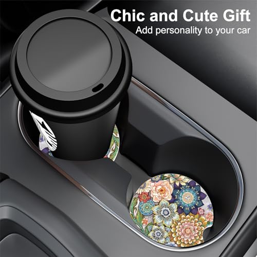 Car Cup Holder Coaster, Car Coasters for Cup Holders, 4 Pack Universal Anti Slip Insert Absorbent Ceramic Auto Interior Accessories with A Finger Notch & Cork Base, Mandala Flowers