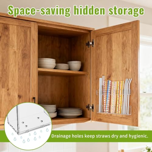 9.5” Large Acrylic Straw Holder for Cabinet Door-Reusable Tumbler Straw Organizer with Ultra Sticky Adhesive Tape ,Plastic Kitchen Accessories Container for Inside Cupboard Door (Transparent)