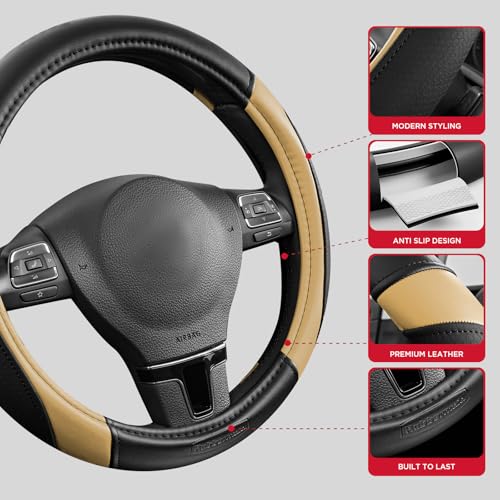 Rubbermaid Steering Wheel Cover – Universal Fit 14.5"–15" Steering Wheel Cover, Anti-Slip Grip, Breathable Leather, All-Season Protection, Interior Upgrade for Cars, Trucks, SUVs - Beige - color: Beige