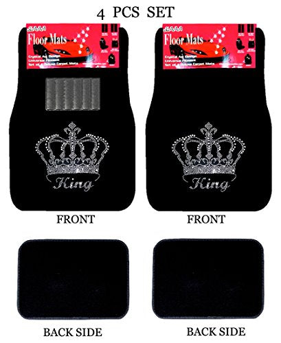Universal Fit Car Truck Front/Rear 4-Piece Full Set King Crown Crystal Bling Rhinestone Design Studded Black Carpet Floor Mats (King-Black) - color: King-Black
