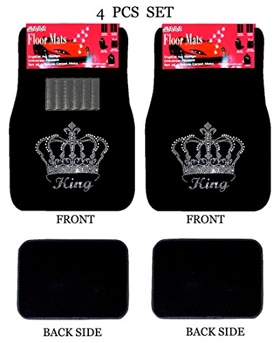 Universal Fit Car Truck Front/Rear 4-Piece Full Set King Crown Crystal Bling Rhinestone Design Studded Black Carpet Floor Mats (King-Black) - color: King-Black