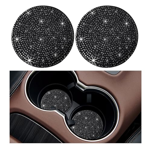 Ziciner 2PCS Bling Car Cup Holder Coaster, 2.73 Inch Anti-Slip Cup Insert Coasters, Crystal Rhinestone Auto Drink Cup Mat, Universal Interior Decor Car Accessories for Women Girls (Black) - color: Black, size: 2 Coaster+No Button Cover