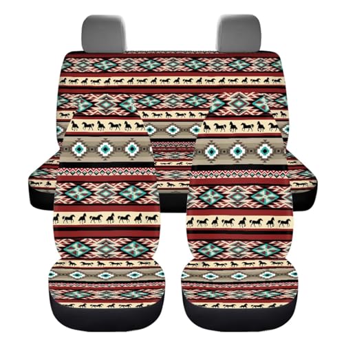 Dreaweet Aztec Ethnic Tribal Horse Car Seat Covers Full Set 12 Pcs Car Accessories,Steering Wheel Cover/Armrest Cover/Seatbelt Covers/Cup Coasters/Gear Shift Cover/Handbrake Cover,Universal Fit - color: Aztec Ethnic Tribal Horse
