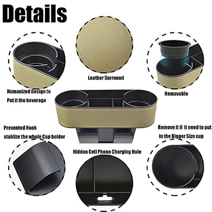 Car Cup Holder, Auto Front Seat Organizer, Multifunctional Cup Drink Holders with PU Leather Cover, Gap Filler Storage Box Coin Bucket Console Side Pocket Cell Mobile Phone Holder(Slim-Beige)