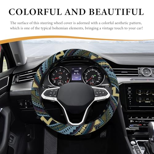 Boho Steering Wheel Cover, 15 Inch Coarse Flax Cloth Ethnic Style Anti-Slip Car Wheel Wrap, Universal Breathable Bohemian Steering Wheel Protector for Cars Vans Trucks (H) - color: H